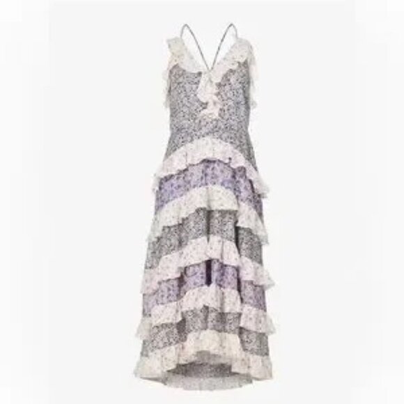 Maje Rissola Contrast Floral Ruffled Cotton Maxi Dress Size 36 - Picture 6 of 16